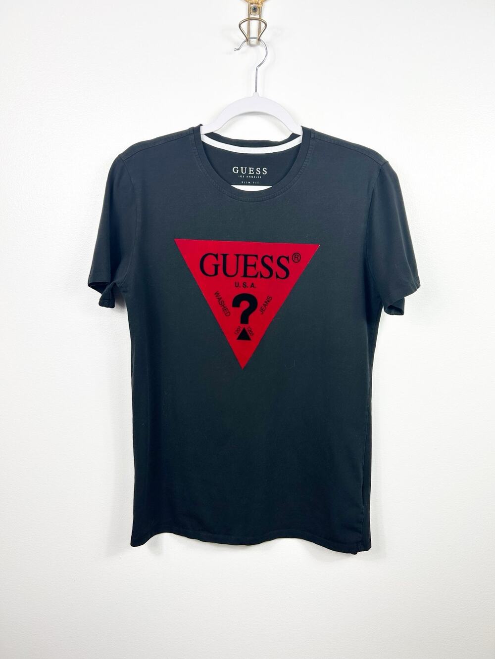 Guess Black T-Shirt Red Velvet Logo Women’s Small Cotton Spandex
